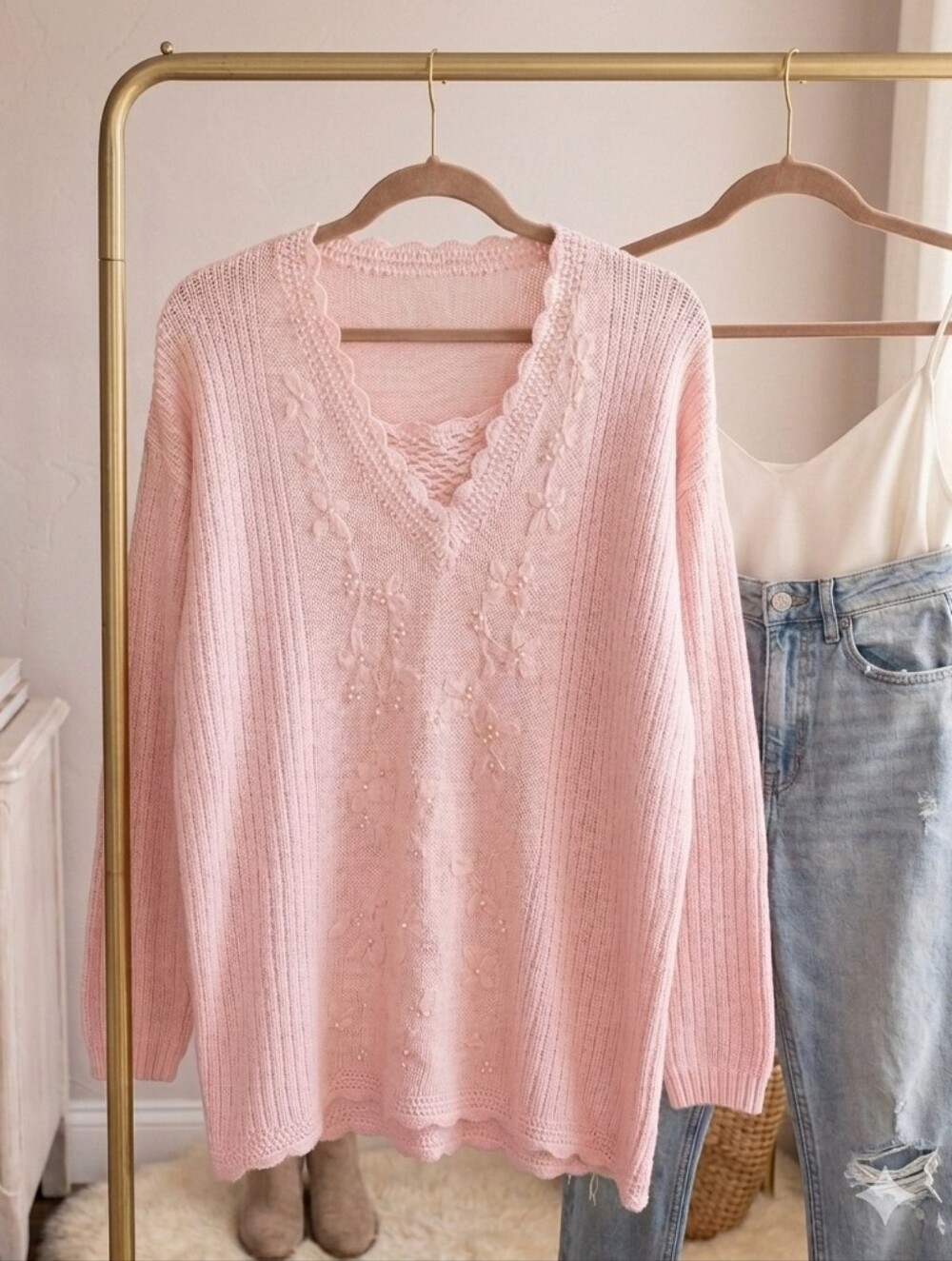Vintage Yarnworks Pink Embroidered V-Neck Knit Sweater Beaded Cottagecore M